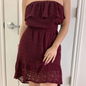 Lace burgundy strapless dress